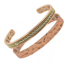 Load image into Gallery viewer, Earth Therapy Value Set - Rope Inlay and Hammered Cuffs - Original Pure Copper Magnetic Bracelets - Adjustable Size for Women and Men