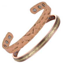 Load image into Gallery viewer, Earth Therapy Original HAMMERED and FLEUR D&#39;OR Pure Copper Magnetic Cuff Bracelets - Ultra Strength - Adjustable - For Men &amp; Women