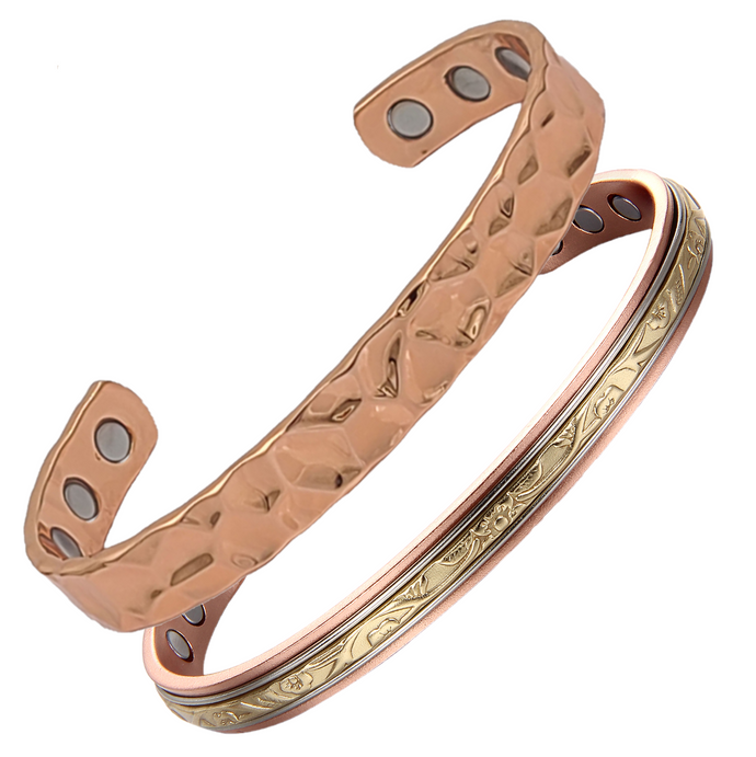 Earth Therapy Original HAMMERED and FLEUR D'OR Pure Copper Magnetic Cuff Bracelets - Ultra Strength - Adjustable - For Men & Women