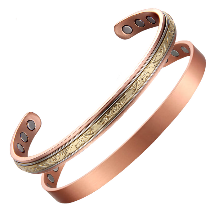 Earth Therapy Original MINIMALIST MATTE and FLEUR D'OR Pure Copper Magnetic Cuff Bracelets - Ultra Strength - Adjustable - For Men & Women