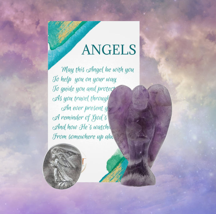 Earth Therapy New Amethyst Pocket Guardian Angel with Serenity Prayer Card Lucky Coin Token - Figurine Faith Peace Gift Set