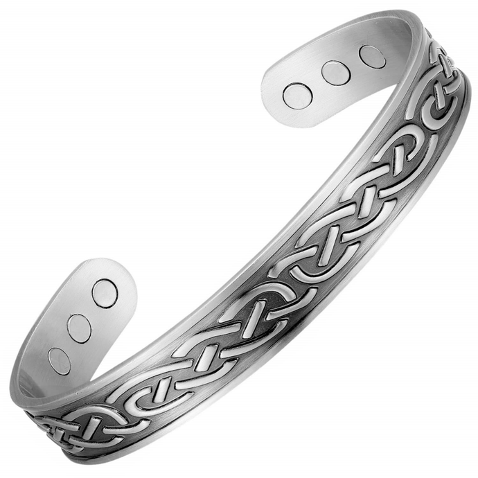 Celtic Knot Pattern Pewter-Plated Copper Magnetic Cuff Bracelet for Arthritis and Joint Pain