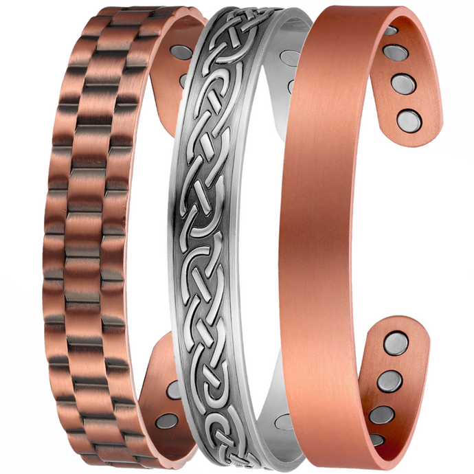 3 Pack Copper Magnetic Therapy Bracelet Set Featuring Men s Watch