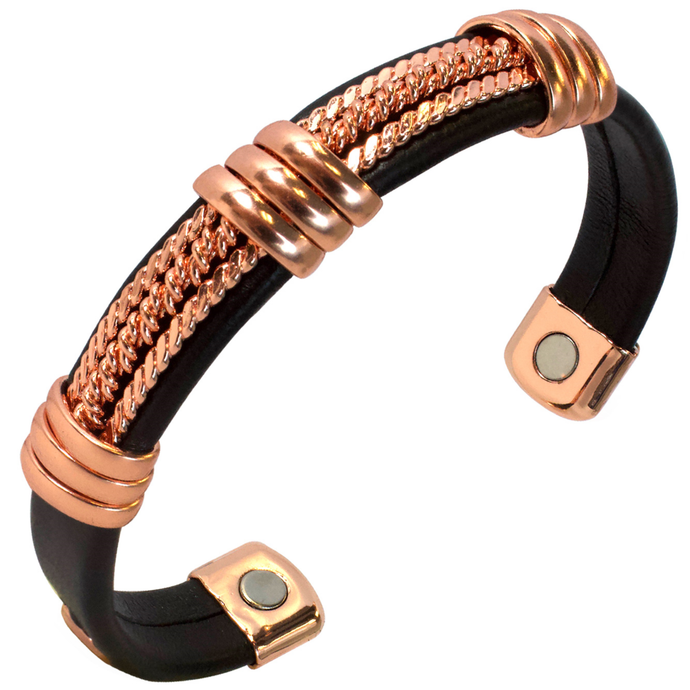 Chain Pattern Copper Leatherette Magnetic Healing Bracelet - Motorcycle Bracelet for Men and Women - Adjustable Sizing