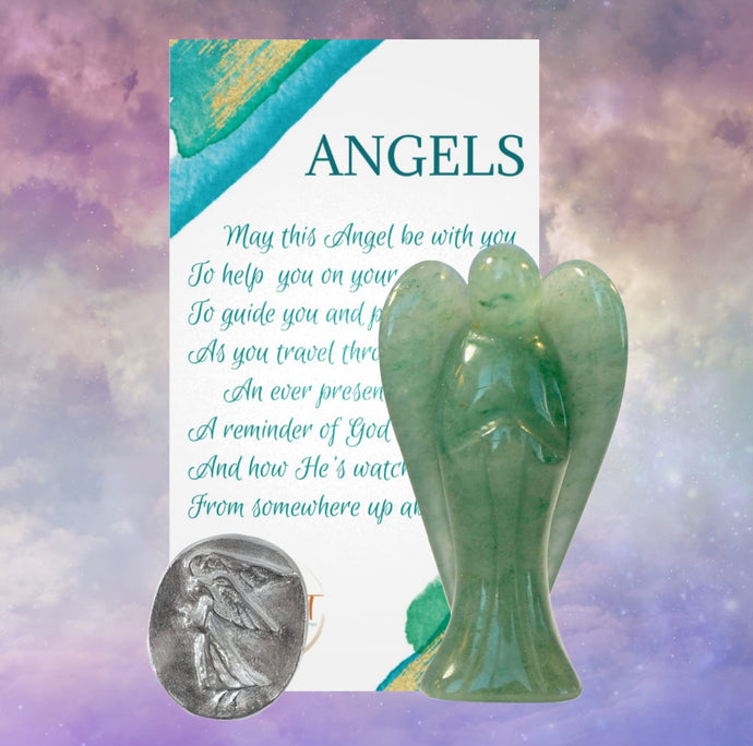 Earth Therapy New Green Aventurine Pocket Guardian Angel with Serenity Prayer Card Lucky Coin Token - Figurine Faith Peace Gift Set