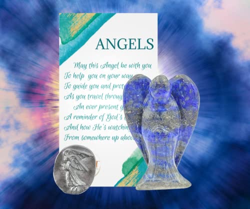 Earth Therapy New Blue Lapis Lazuli Pocket Guardian Angel with Serenity Prayer Card Lucky Coin Token - Figurine Faith Peace Gift Set