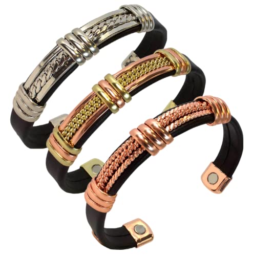 Earth Therapy - Value 3 Piece Magnetic Bracelet Set - Copper Leatherette Motorcycle Cuff for Men and Women - Healing for Arthritis, Carpal Tunnel and Joint Pain Relief - Adjustable Size
