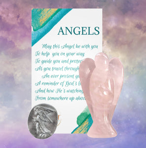 Earth Therapy New Rose Quartz Pocket Guardian Angel with Serenity Prayer Card Lucky Coin Token - Figurine Faith Peace Gift Set…