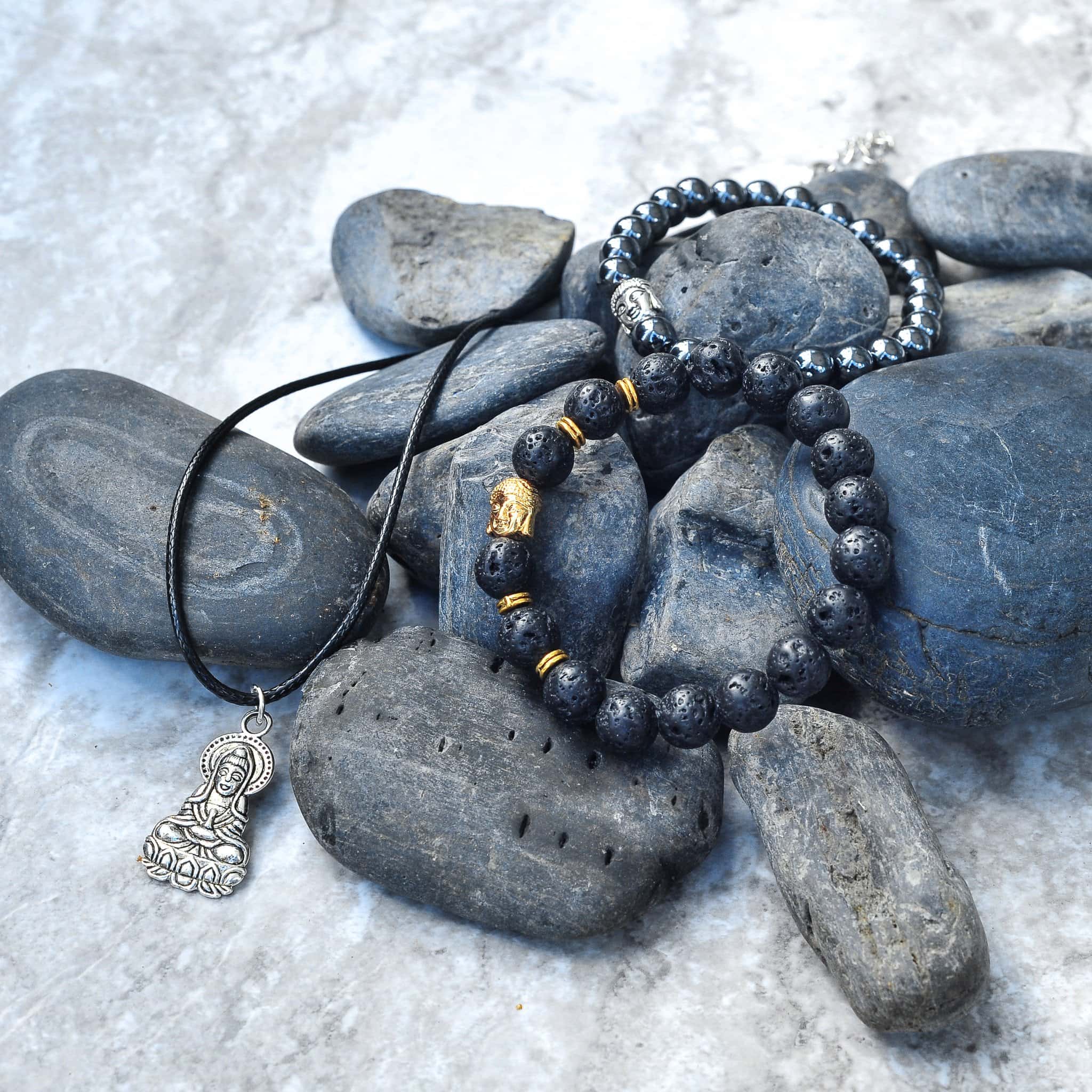Buy Silver Stainless Steel Buddha on Black Lava Satin Stretch Bracelet  Online - Inox Jewelry India