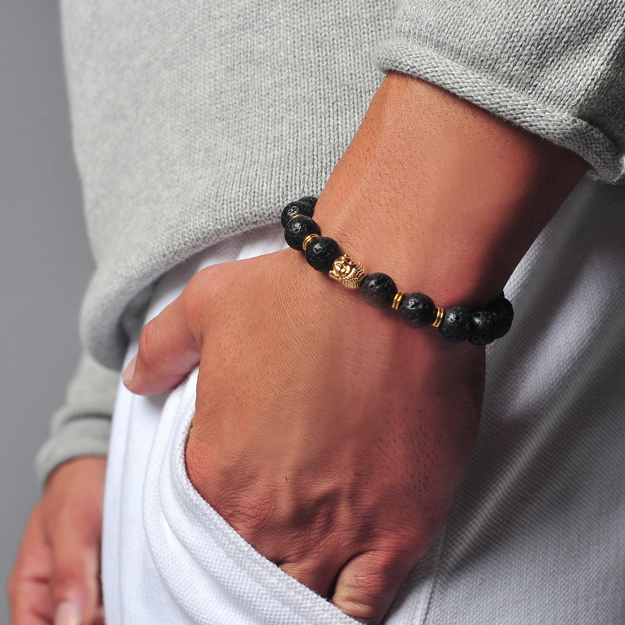 Cathal - 8mm - Black Lava Stone Beaded Stretchy Bracelet with Gold Buddha  Head