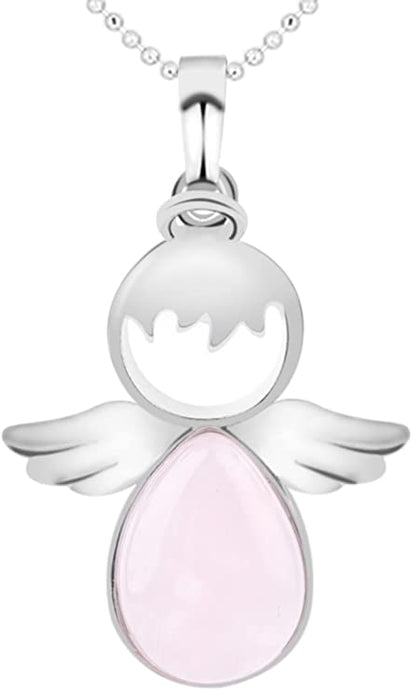 ROSE QUARTZ Teardrop Guardian Angel Necklace with Serenity Prayer Card - Natural Stone Healing